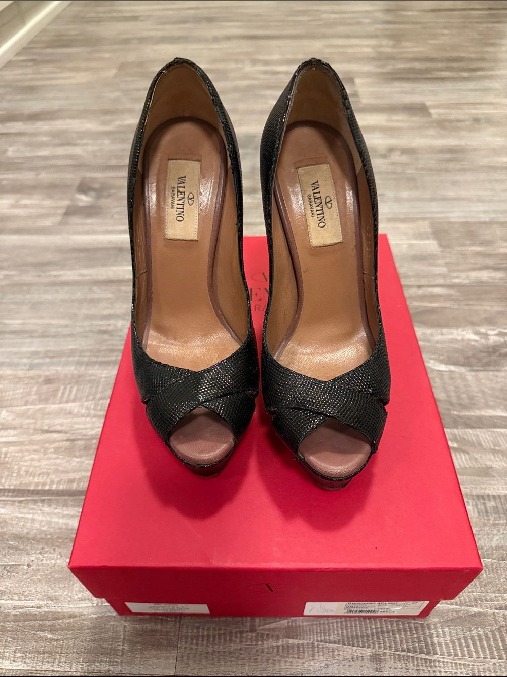 Valentino Black Peep-Toe Textured Leather Heels